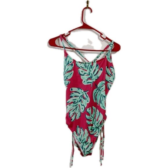 Pink and Green Leaf Print Swimsuit - Picture 1 of 4